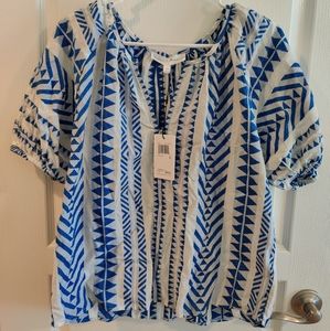 Chelsea and Theodore blue and ivory tribal top